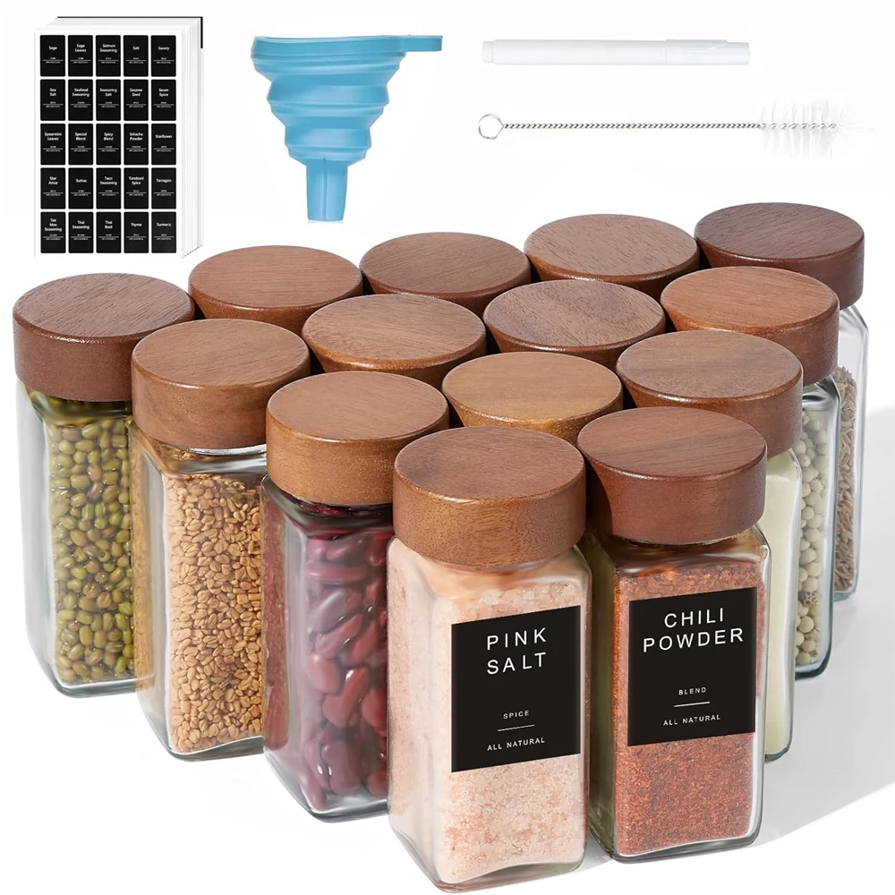 12Pcs Glass Spice Jars with Labels  4 Oz Square Spice Containers with Acacia Wood Lids Pen Funnel Seasoning Jars for Spice