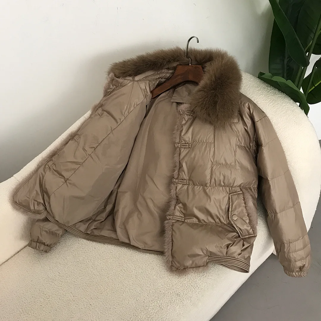 OFTBUY Chaqueta de Plumón de Pato Blanco con Piel de Zorro Auténtica, Estilo Vintage, Holgada, Corta, Abrigo Acolchado Cálido para Mujer, Parka de Invierno 2026