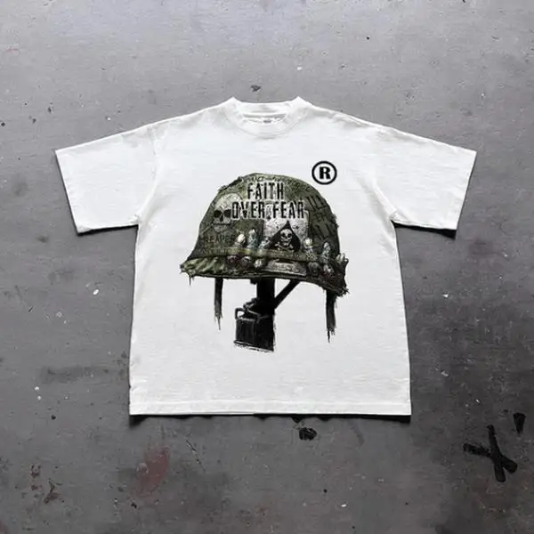 

War Helmet Faith Over Fear Graphic Print Cotton T-Shirt, grunge y2k emo scene tapout goth amity affliction style clothes, Unisex