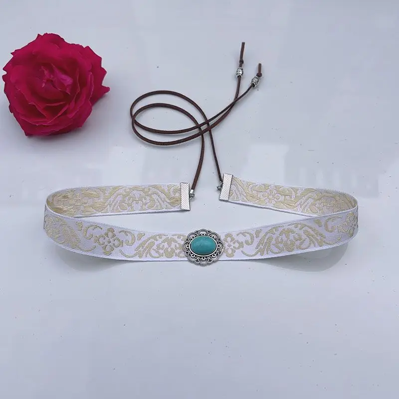 Antique Headband Forehead Embroidery With Turquoise Tie up Hair Accessories for Adult and Children