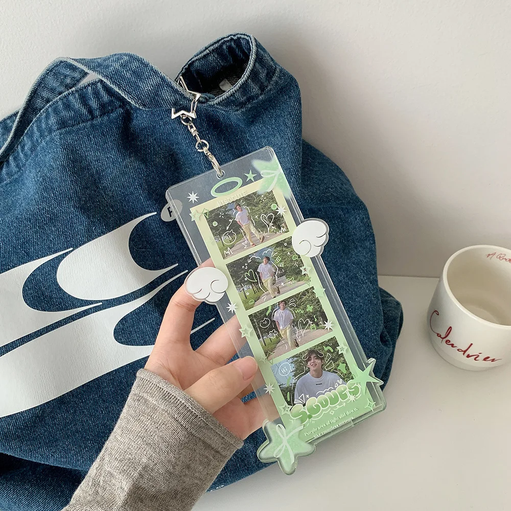 INS Fashion Porta carte in PVC trasparente a 4 griglie con stelle marine Simpatiche ali d'angelo Ragazza Idol Cornice per foto Ciondolo per zaino per studenti