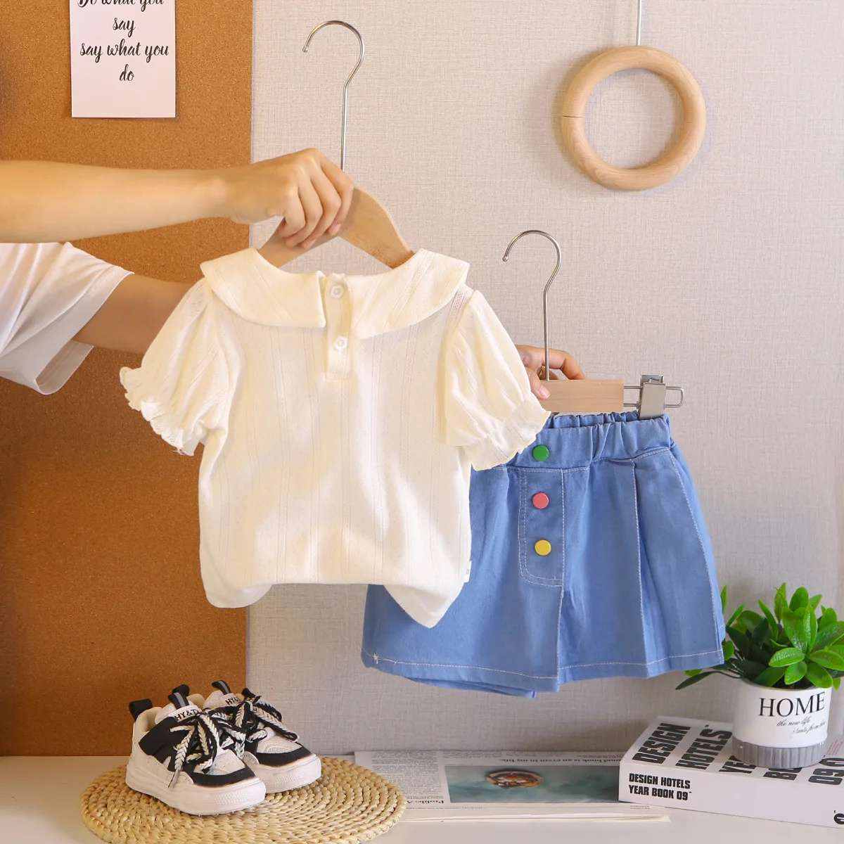 Toddler Girl Summer Outfits Cherry Embroidered Short Sleeve Top and Denim Skorts Girls Sweet 2 Piece Set Suit Children Clothes