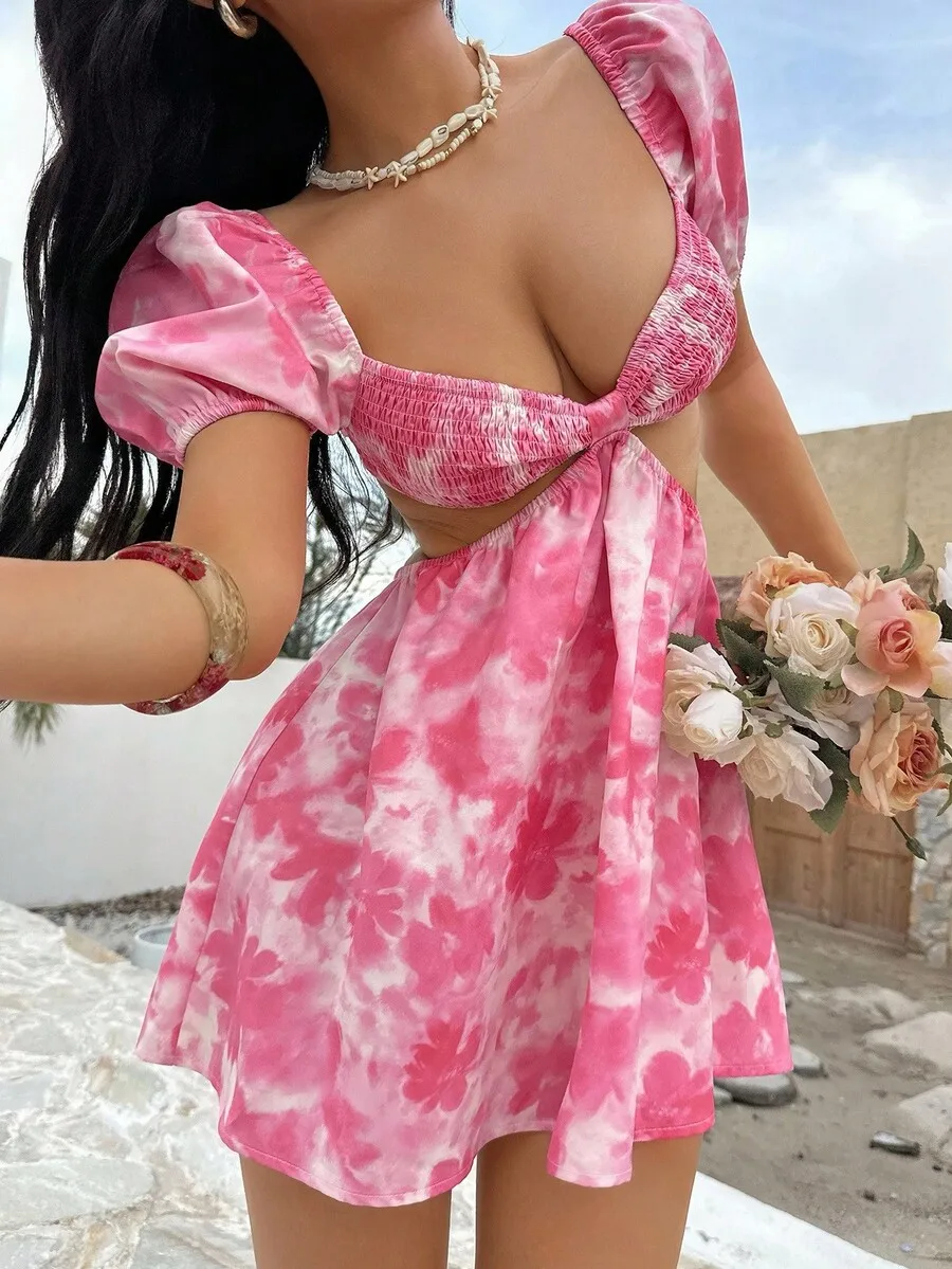 Damen-Minikleid, lässig, Urlaub, vielseitig, modisch, Batik-Blumendruck, Puffärmel, Frühling/Sommer