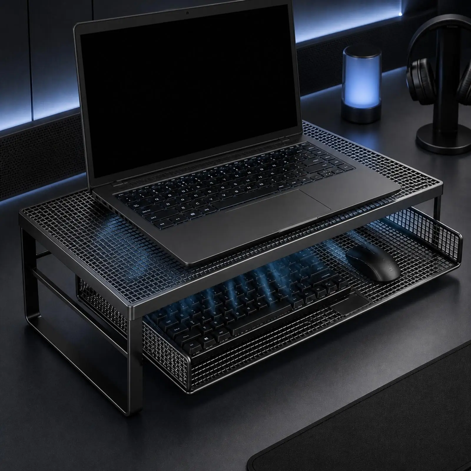 Iron Art Laptop Elevator Stand Mesh Ventilated Design with Storage Shelf for Home Work Desk Accessory