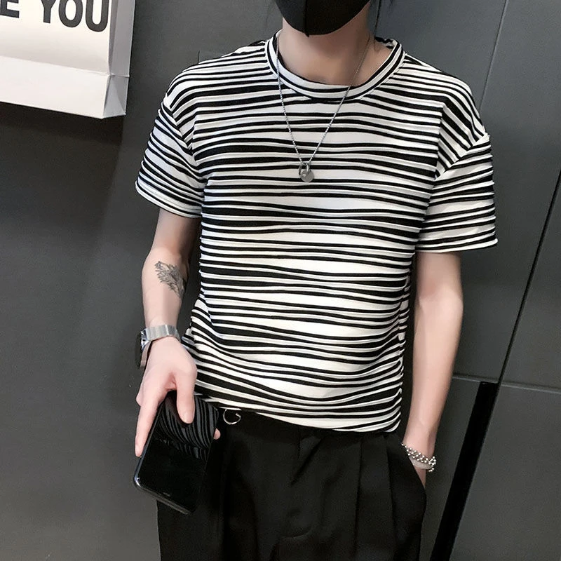 

Striped Print Short Sleeve Men Sweatshirts Black White Hip Hop Punk Harajuku Street Fashion Casual 2xl Oversized T Shirt Clothes