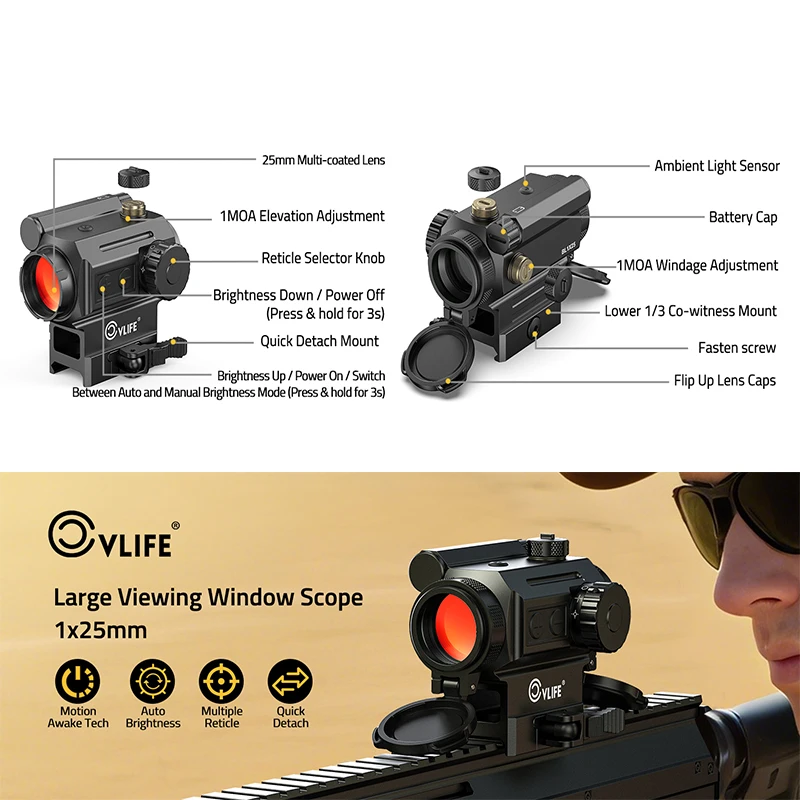

CVLIFE 1X25mm Auto-Brightness Red Dot Sight Multi-Reticle Reflex Optic Scope 6 MOA Dot & 43 MOA Circle Sights for Picatinny Rail