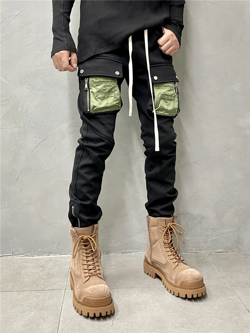 High Street Fashion Trendy Contrast Color Patch Pocket Overalls Personality Zipper Tapered Casual Pants Designer Sweatpants