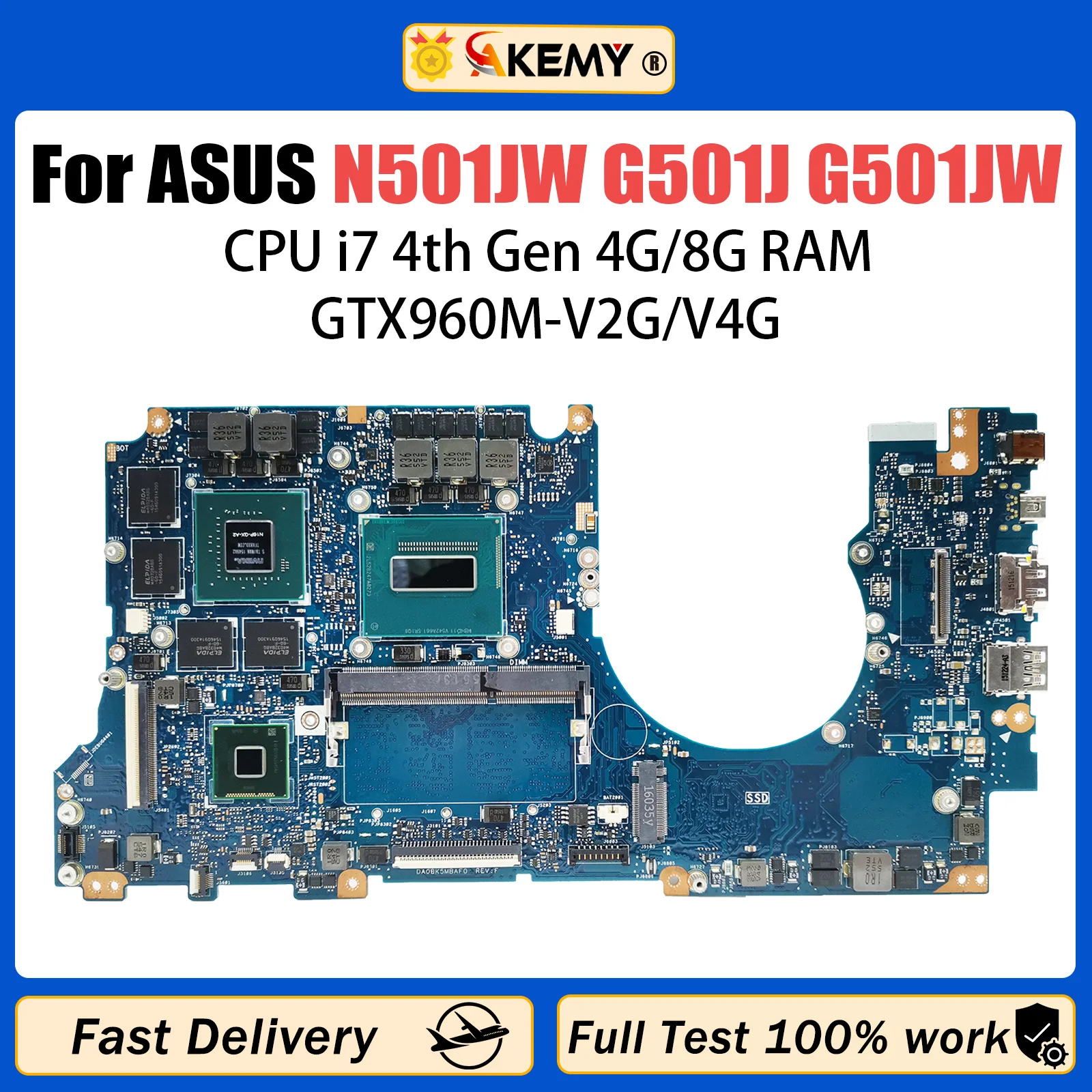 AKEMY N501J Mainboard For ASUS N501JW G501J G501JW UX501J UX501JW G60JW Laptop Motherboard I5 I7 CPU GTX960M-2G/V4G 4G/8G RAM