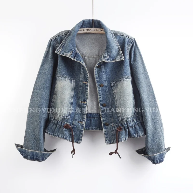 Autumn Women Blue Short Denim Jacket Loose Big Pocket Drawstring Waist Hem Stand Collar Single-Breasted Long Sleeve Jeans Jacket