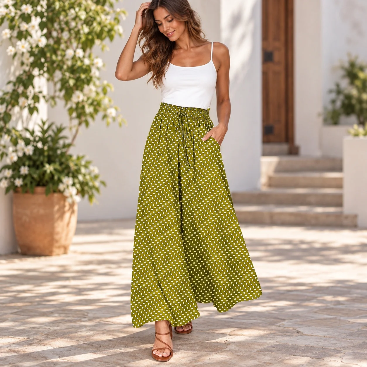 Printed Wide Leg Pants with Elastic Waist Japanese Korean Casual Full Length Digital Print No Stretch Pockets Women Pants