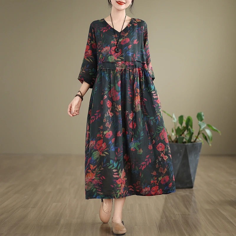 فستان نسائي صيفي بخصر مرتفع وحزام، مصنوع من القطن والكتان، تصميم كلاسيكي أنيق وبسيط برقبة على شكل V، تنورة متوسطة الطول واسعة