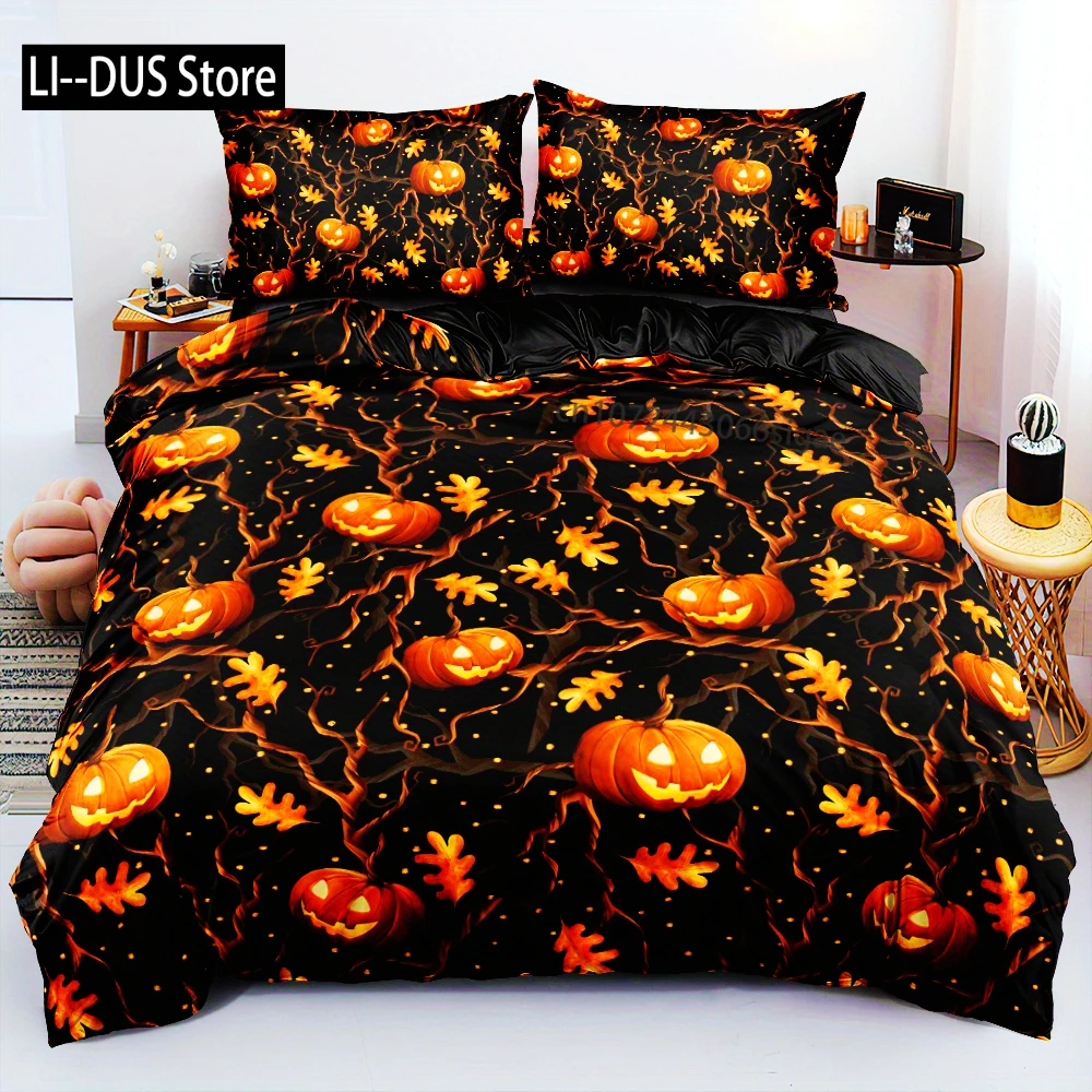 

3D Halloween Print Duvet Cover Set Vines Surround The Pumpkin Lantern Patterned Bedding Set(size 135x200 Only 1 Pillowcase)