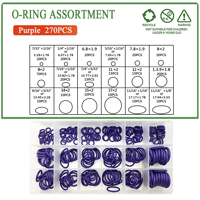 270Pcs Industrial Grade Nitrile Rubber O Rings Purple CS1.78-3.53mm Oilproof Watertight Kit For Machinery Maintenance