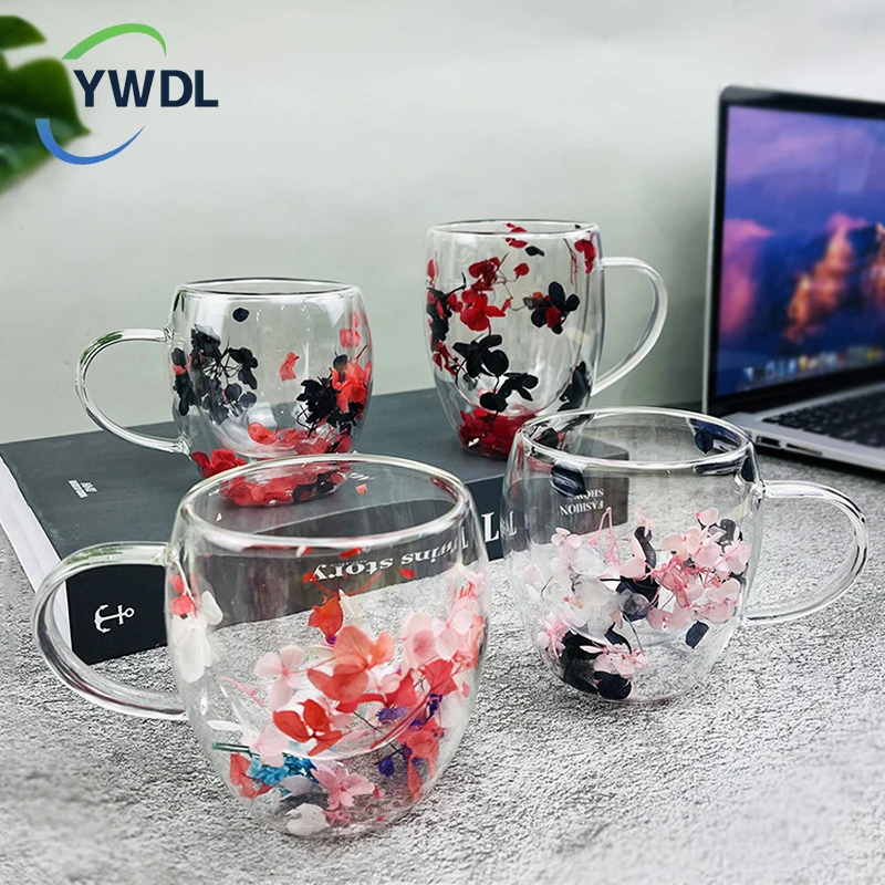 250/350Ml Dubbele Muur Koffiemok Met Handvatten Heldere Melk Bekers Geschenken Hoge Borosilicaat Glazen Beker Vulling Gesimuleerde Bloemen Theekopje