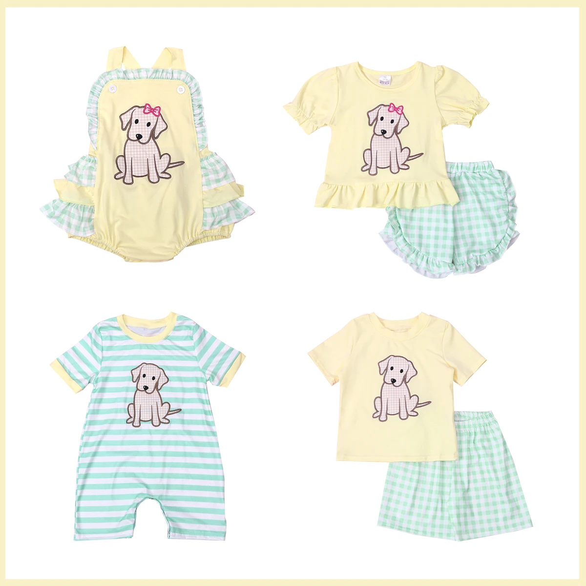 

New Style Eatser Shorts Sleeve Round Neck Girls Romper Puppy Embroidery Jumpsuit Ruffle Suit Lattices Outfits Boy Clothes Set