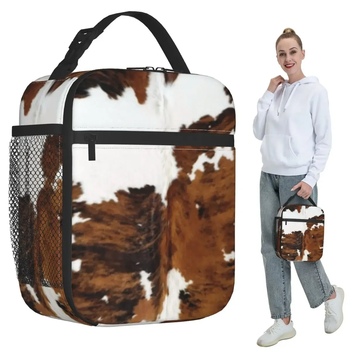 Brindle Cow Hide Insulated Lunch Bag for Kids School Cooler Thermal Food Box Tote Leakproof Lunch Boxes Container
