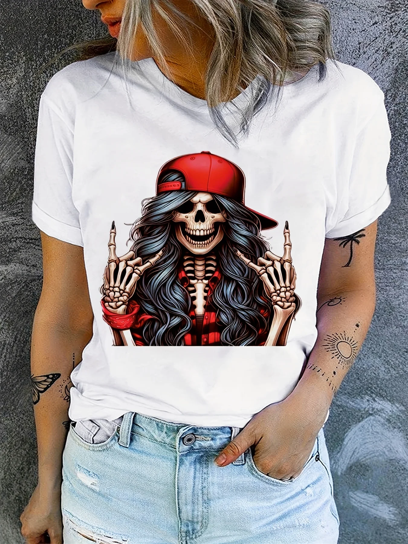 Halloween Totenkopf-Druck, Rundhalsausschnitt, lässig, kurzärmelig, für Frühling, Sommer, Damenbekleidung, Damen, Harajuku, kurzärmelig, lässig