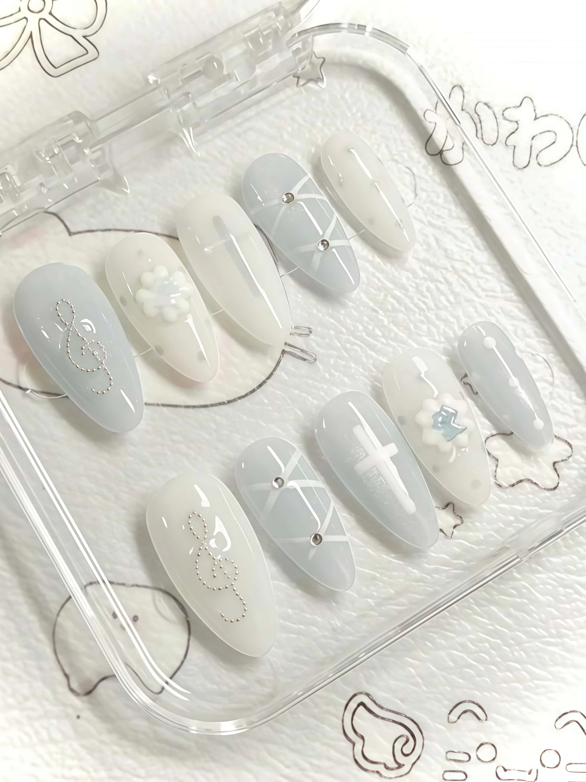 10 Pieces of Handmade Almond-Shaped Full-Cover Nail Tips, Medium Length, Blue and White Color Scheme, Y2K Cool Asian Style, Suitable for Women and Girls, Perfect for Music Festivals, Everyday Outings, and as a Gift, Comes with 1 Piece of Jelly Glue and 1 Nail File