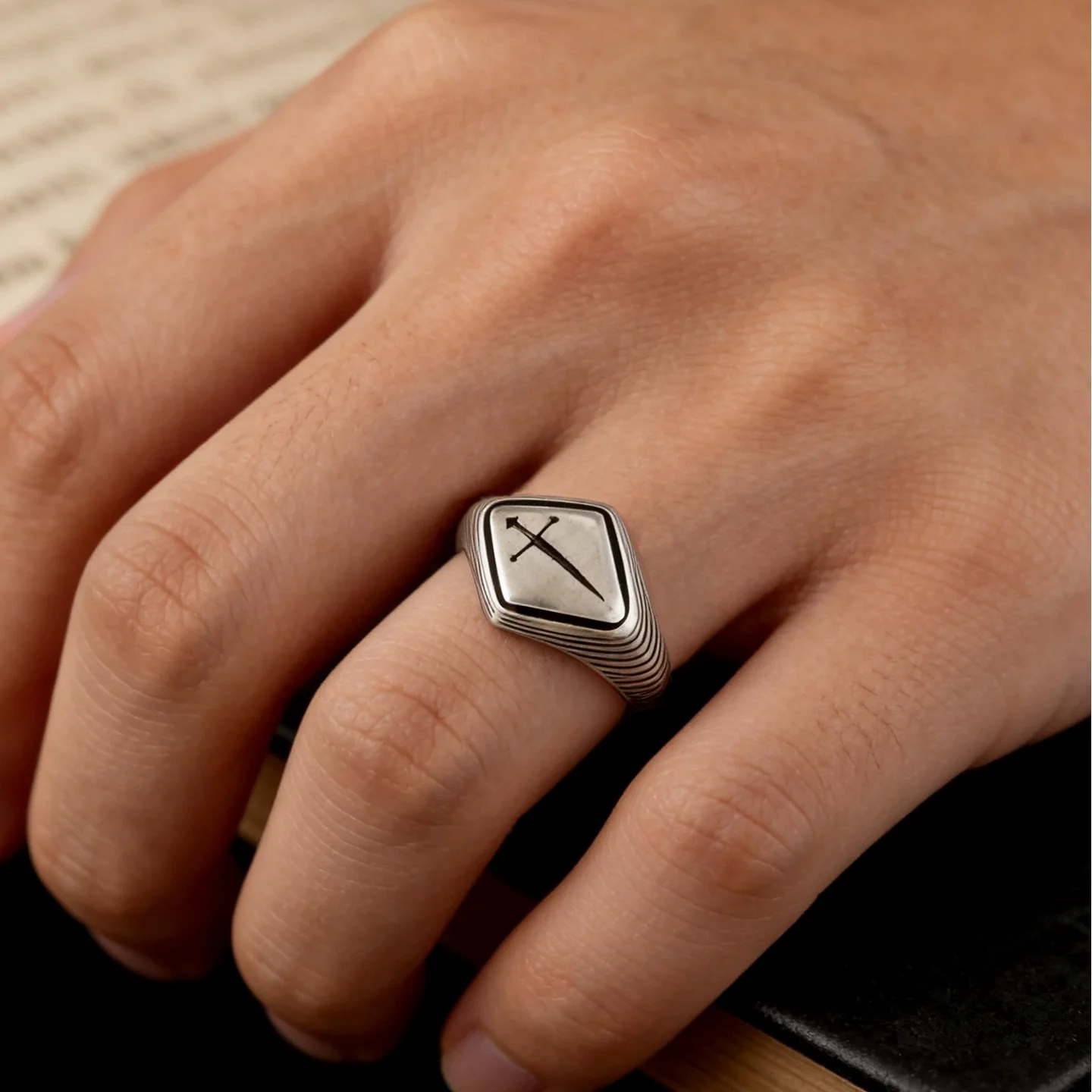 Ancient Silver Seal Geometric Ring Ancient Sword Ring Punk Vintage Striped Ring