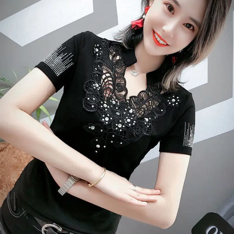 Rhinestone T Shirt for Women Sexy Black Slim Lace Trending Clothing Cheap Sales Female Basic 2025 High Quality Sale Tops Woman