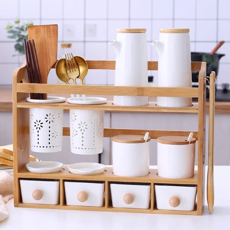 Ceramic seasoning box set oil pot chopstick holder double layer design creative kitchen storage home organizer