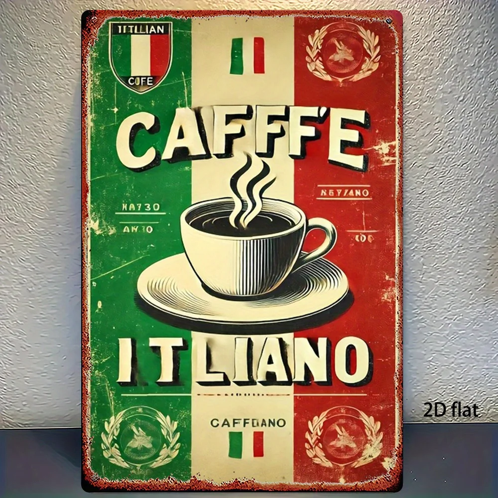2D plano, 1 peça de sinal de metal de café italiano vintage - pôster retrô de lata "CAFFE ITALIANO" com design de xícara de café expresso, 8x12 polegadas,