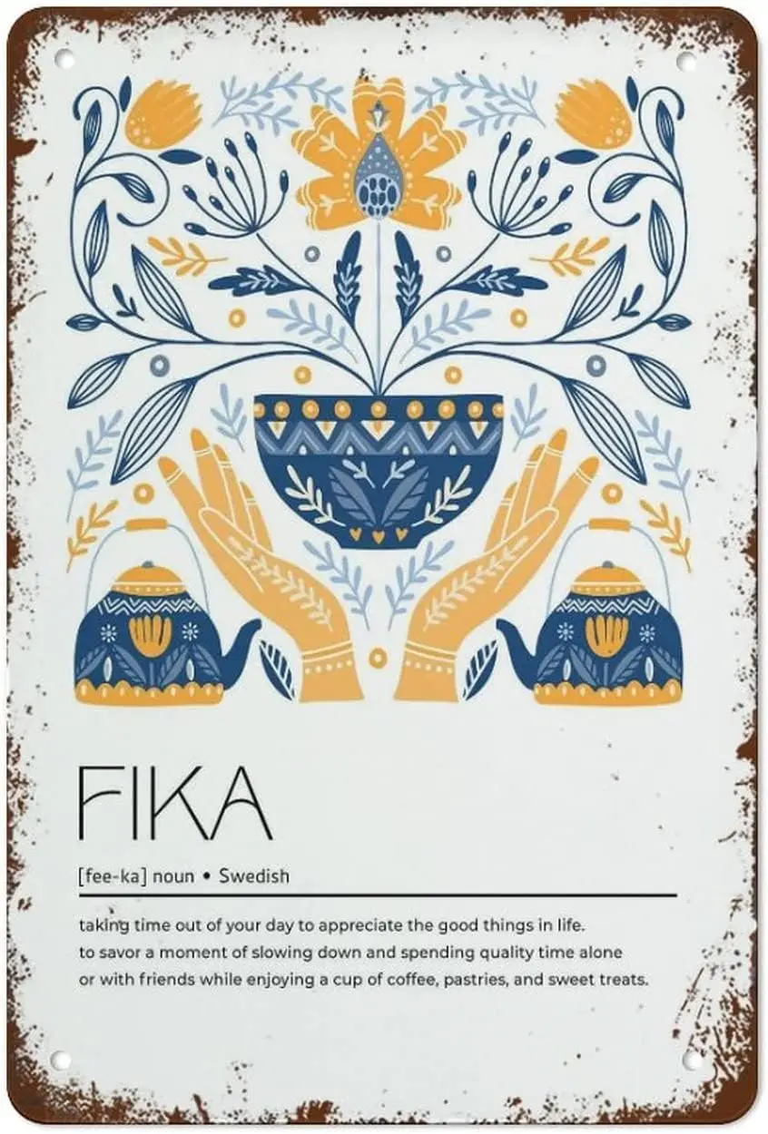 Creative Festival Wall Art Summer Home Decor Tin Sign Fika Definition, Scandi Style Folk Art Print, Nordic Decor, Swedish Word H