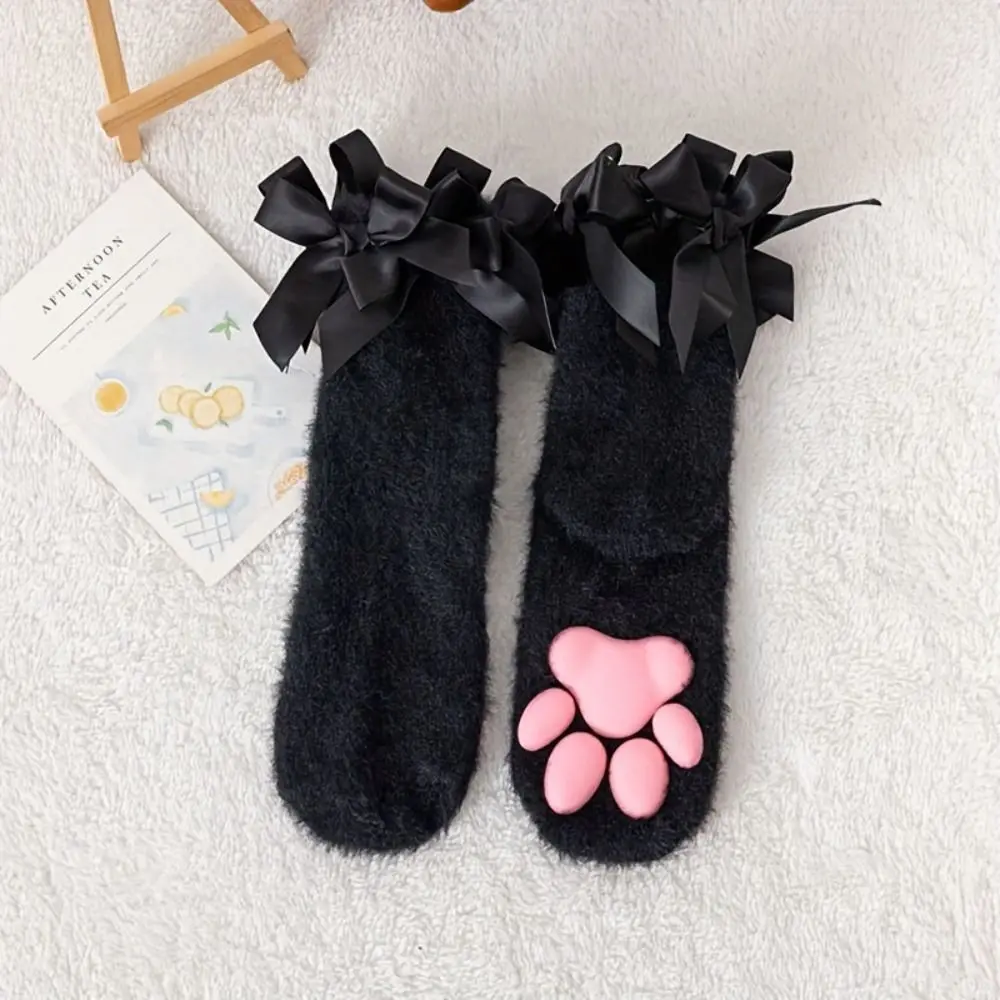 New Raised Paw Pads Paw Socks Ribbon Bow Trim Soft Fuzzy Texture Animal Paw Socks Warm Finish Cat Paw Socks Daily Indoor Wear