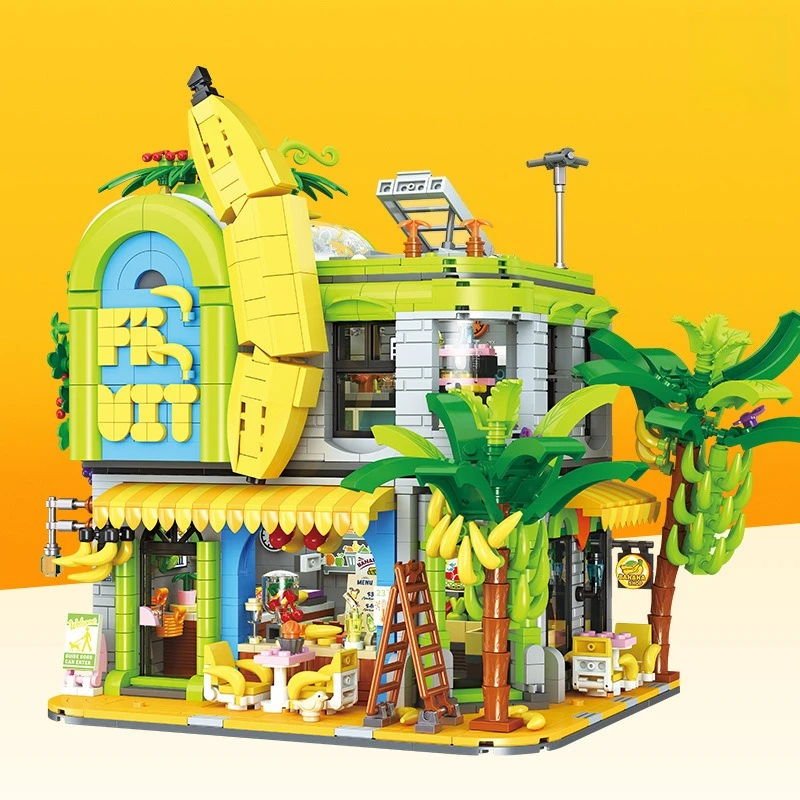 Banana Shop Street View Assembly Blocks with Lights Kids Educational Toy Model Gifts