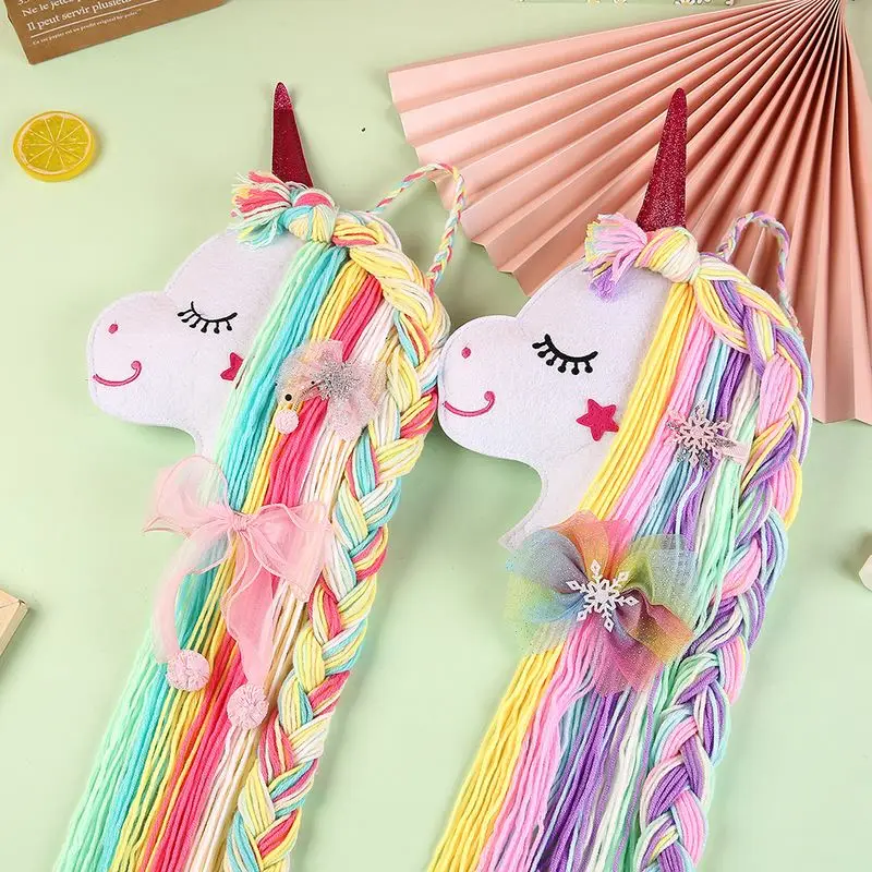 Unicorn Hair Clips Holder Rainbow Yarn Tassels Hair Bows Storage Wall Hanging Headband Organizer For Girls Kids Room Decorations