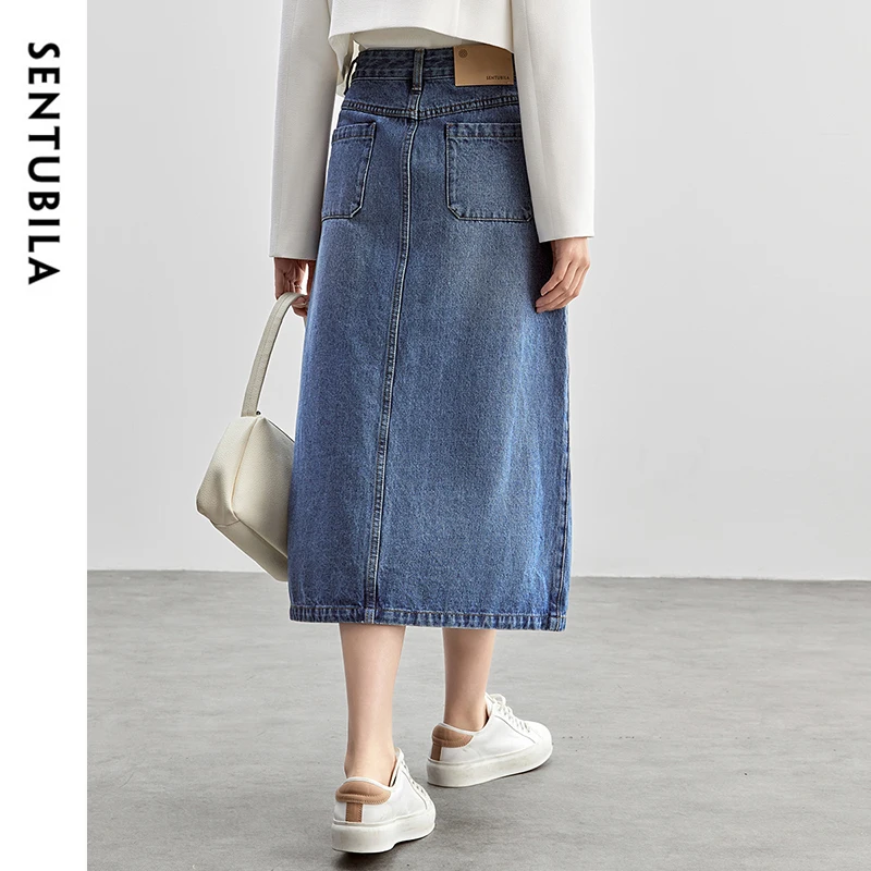 SENTUBILA 100% التنانير القطنية للنساء 2025 ربيع الموضة الأزرق غسلها الدنيم عالية الخصر شق هيم تنورة طويلة أنيقة النساء W51Q57899