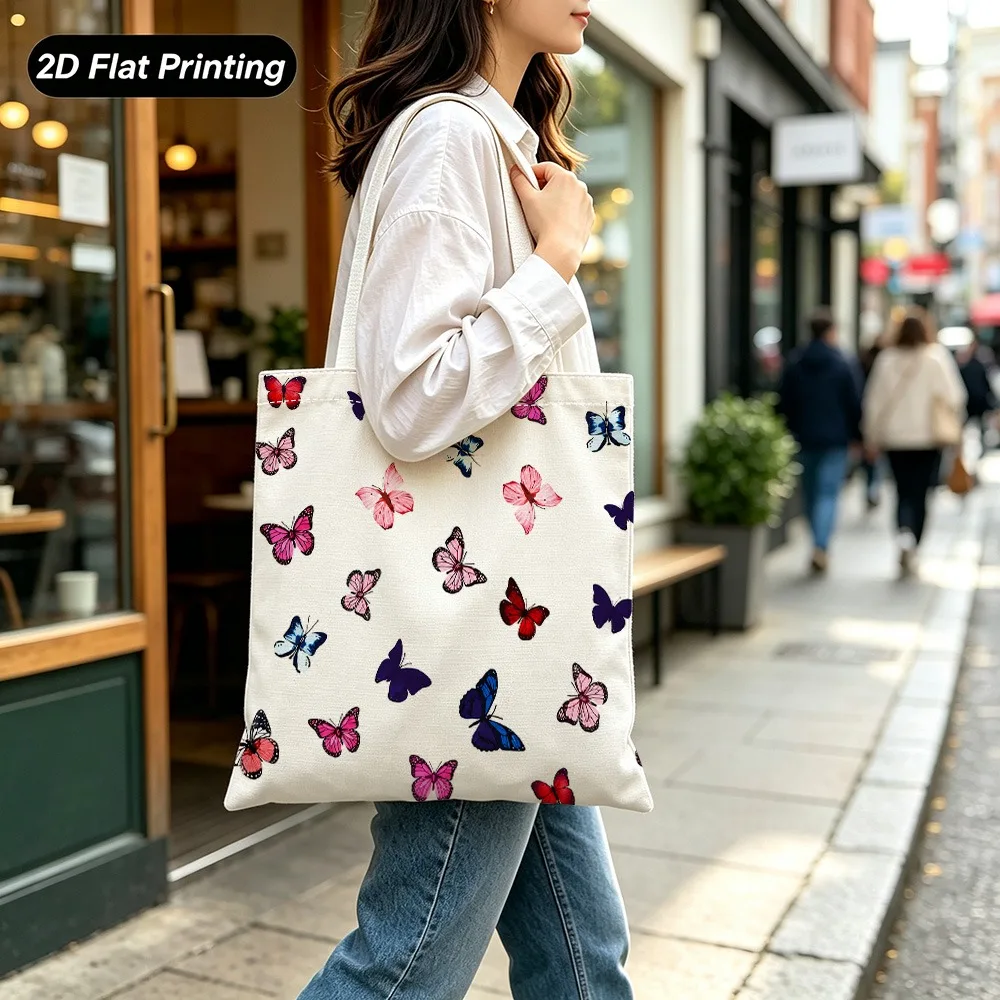 1pc Tote Bag with 2D Flat Effect, Colorful Butterfly Print, Simple and Fresh Style, Large Capacity, Sturdy and Durable, Suitable
