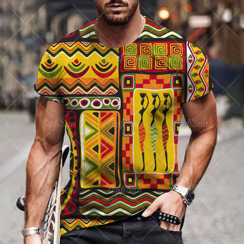 Men's T-shirt Ethnic Print Casual Short Sleeve Summer Round Neck Streetwear Vintage Man Loose Sweatshirt Breathable Men Clothes