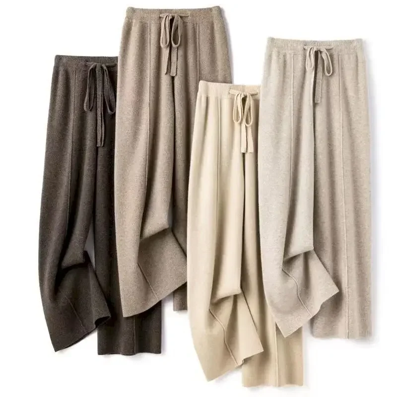 Vintage Wool Knitted Wide-Leg Pants Women Autumn and Winter Korean Fashion Loose High Waist Drawstring Straight Pants Female