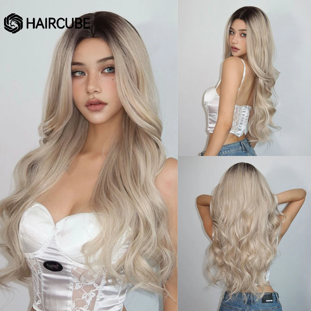 

HAIRCUBE длинные коричнево-белые волнистые парики Омбре синтетические парики средняя часть для черных женщин Рождественская вечеринка термостойкие парики