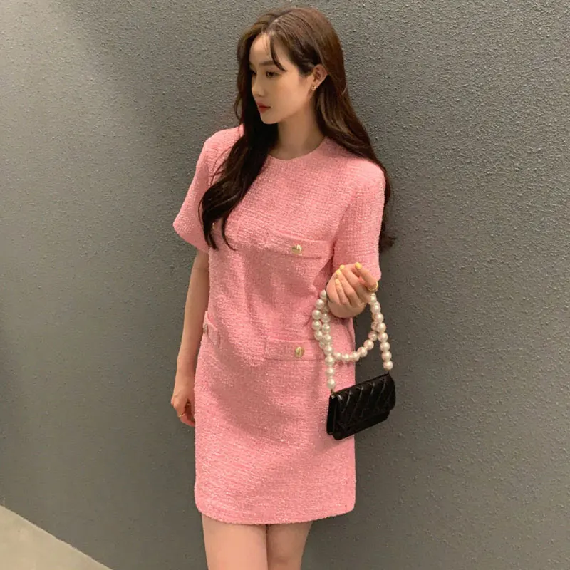 Chic Summer Simple round Ne ket Decorated Plaid Tweed ort Sve Dr ort Skirt Women Korean Sle Loose Waist