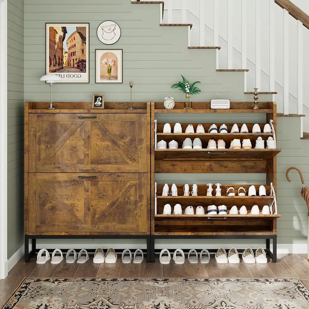 Brown Space-Saving Shoe Storage Cabinet with 2 Doors & Adjustable Shelves, Holds Over 16 Pairs, Ideal for Entryway/Hallway view 6