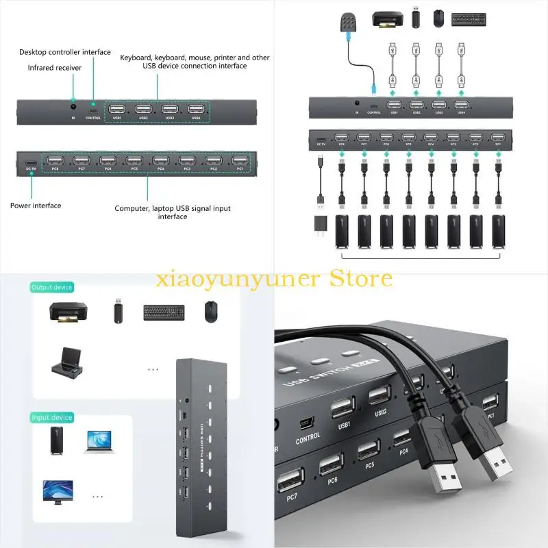 

P9JB USB Printer Sharing Device, 8 in 4 Out Printer Manual Sharing Device 8Port KVM Switching Splitter Hubs Converters