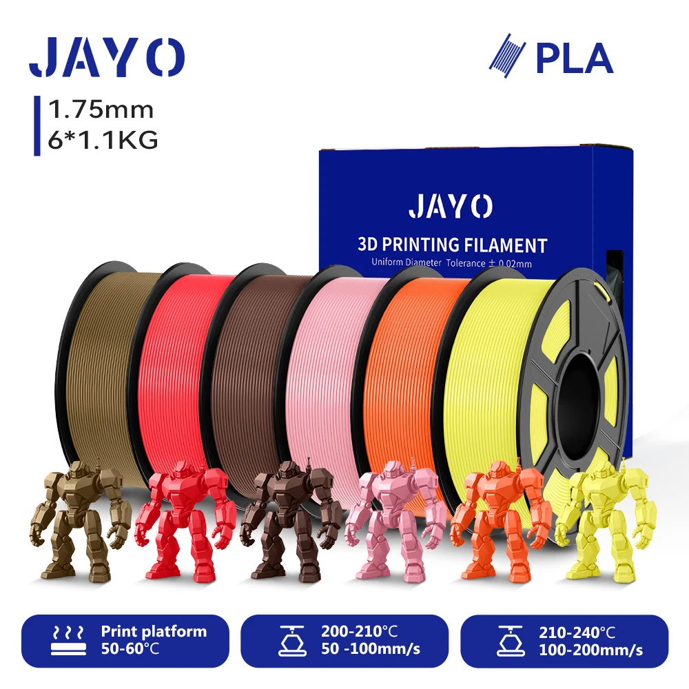 JAYO 6 Rollen 3D PLA Druckerfilament 1,75mm Ungiftig & Blasenfrei PLA-Kunststoff als 3D-Druckfilament für 99% der 3D FDM Drucker & Stifte