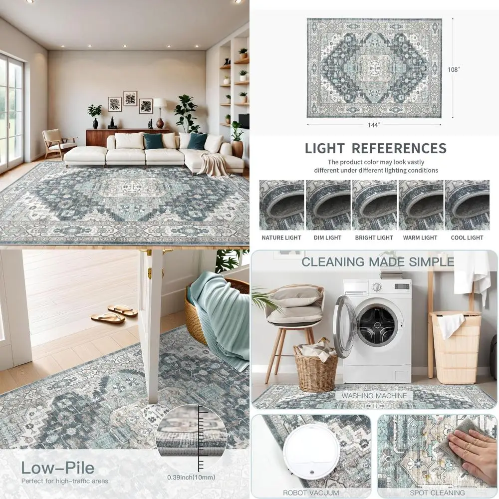 Vintage 9x12 Area Rug for Living Room - Soft, Low Pile, Non-Slip, and Stain Resistant Carpet