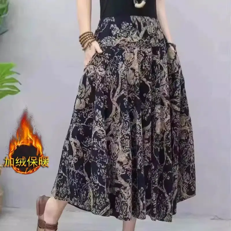 Autumn And Winter Fleece Women's Long Skirt Cotton Linen Floral Art Retro Versatile Style Thickened Skirt Mujer Faldas z5012