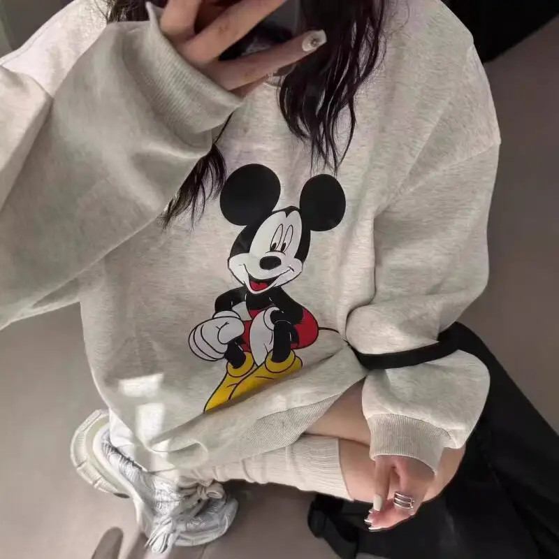 

Mickey Mouse Graphic Sweatshirt Women 2025 Autumn Light Gray Pullover Casual Streetwear Y2K Aesthetic Fashion Comfortable Cotton
