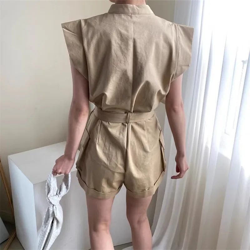 2024 Summer Sleeveless Jumpsuits Women Pocket Belt High Waist Wide Leg Shorts Fashion Rompers Loose Casual Jumpsuit Female