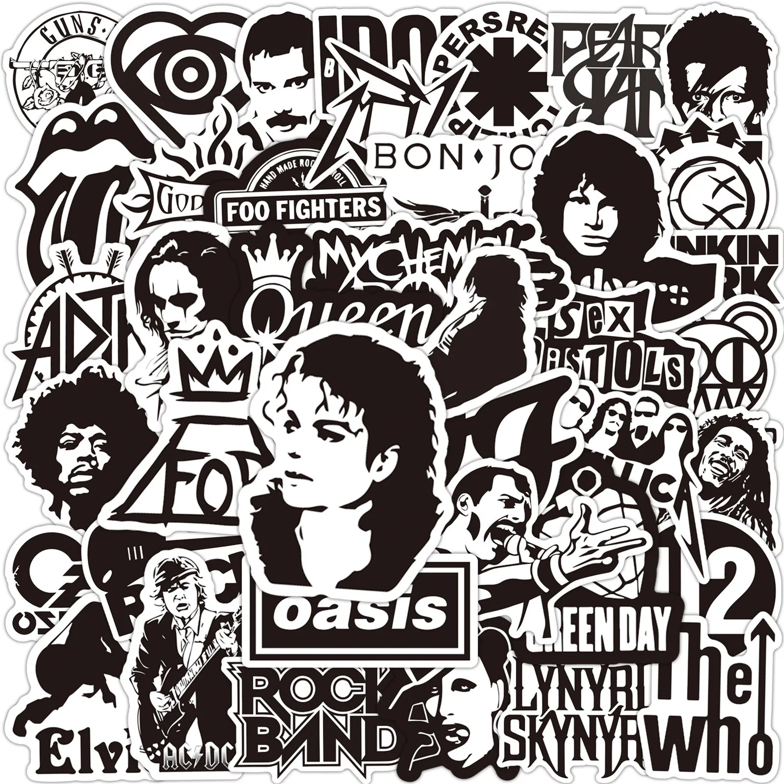 50 Stück Schwarz-Weiß-Aufkleber Rockband-Sticker Michael Jackson Spielzeug-Graffiti-Aufkleber