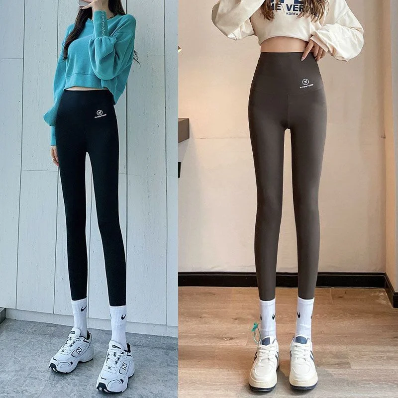 Calças de Yoga de Cintura Alta em Couro Sintético para Mulheres, Finas e Justas, Controle de Barriga, Comprimento Sete-Nove, Nylon