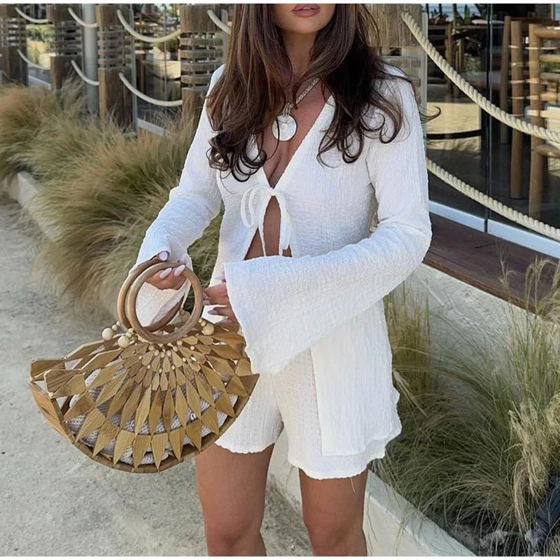 

Fashion Solid Cardigans Tops Drawstring Shorts Match Suit Simple Comfortable Beach Vacation Set Casual New Loose Commute Outfits