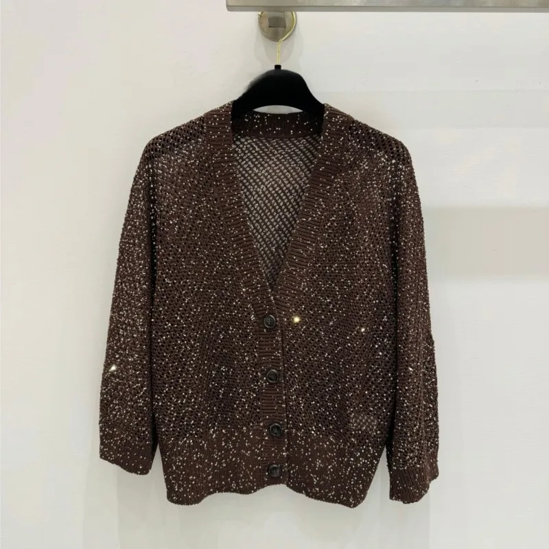 Women's Money Aesthetic Sequin Crochet Cardigan 80% Cotton 10% Linen Blend  Knit Top Resort Wear Light Luxury Party Sweater