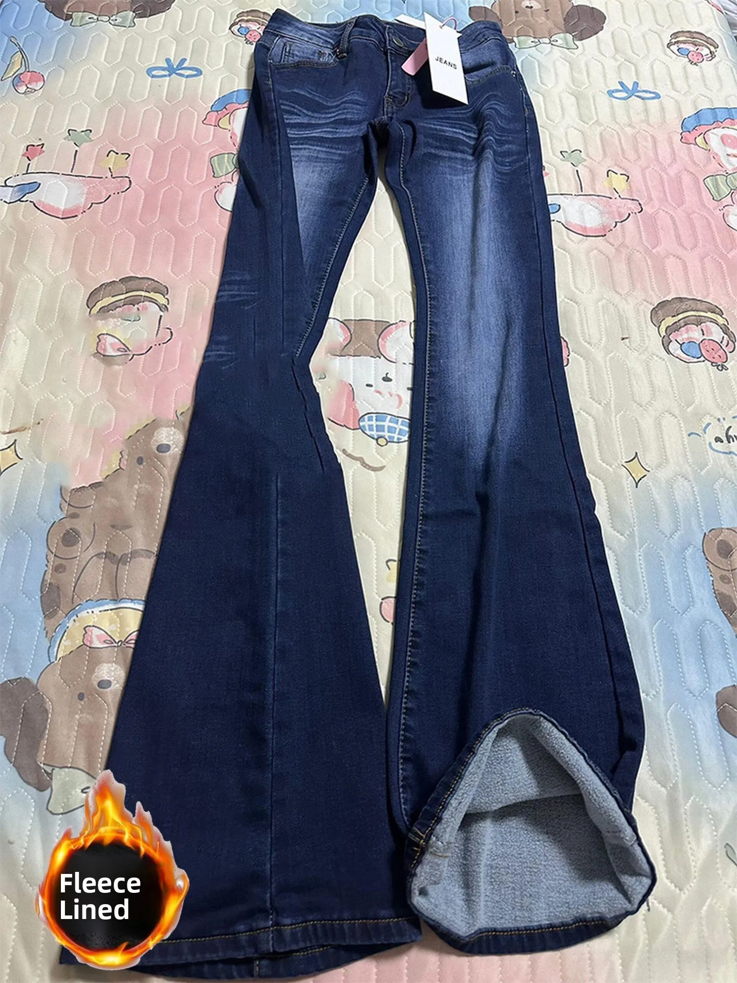 레트로 아메리칸 스키니 진 여성용 가을 겨울 하이웨이스트 플레어 레깅스 배형 체형용 따뜻한 데님