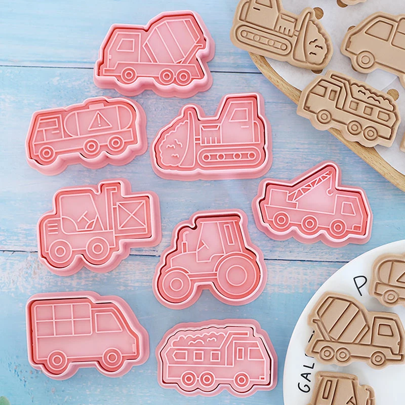 8PCS Engineering Truck Cookie Cutter Plastic 3D Cartoon Pressable Biscuit Mold