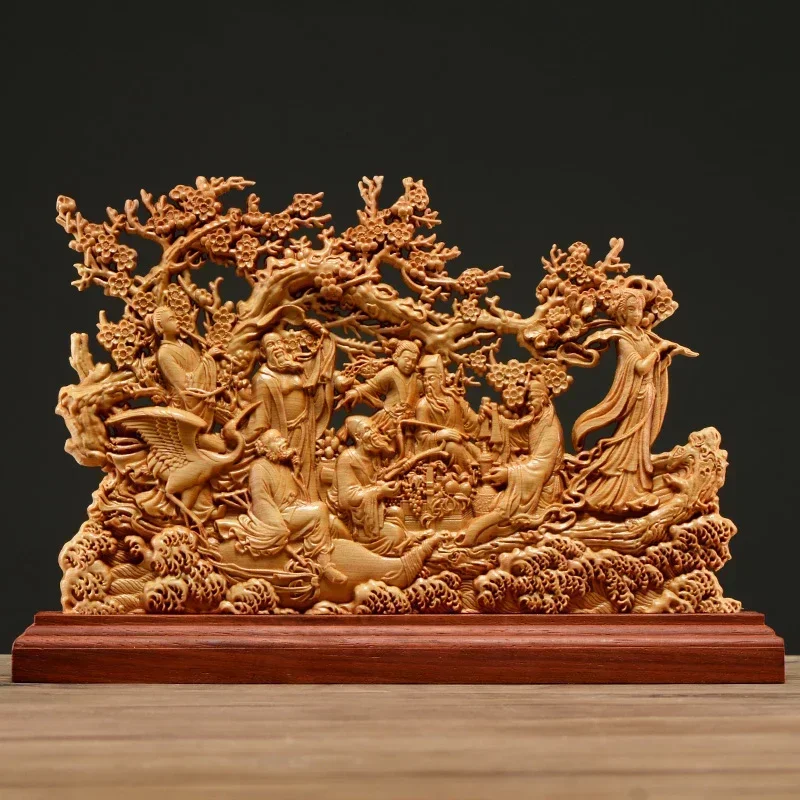 Thuja Wood Eight Immortals Sculpture Decor Dish Wood God of Wealth  Carving Lucky Gift Home Decor